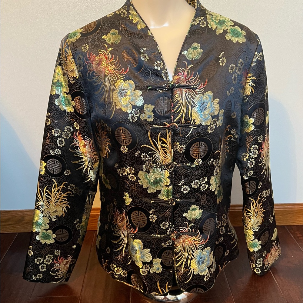 LAURA LEIGH ASIAN STYLE JACKET Blazer Chinese Black Brocade Button Up SIZE 8